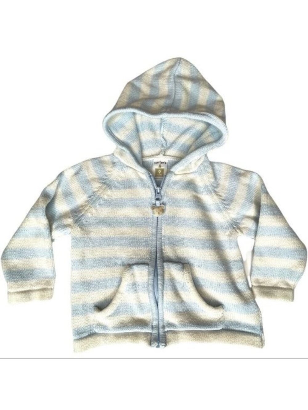 Carter's Blue/White Hooded Sweater Zip Front Baby 9M Cozy Classic Casual